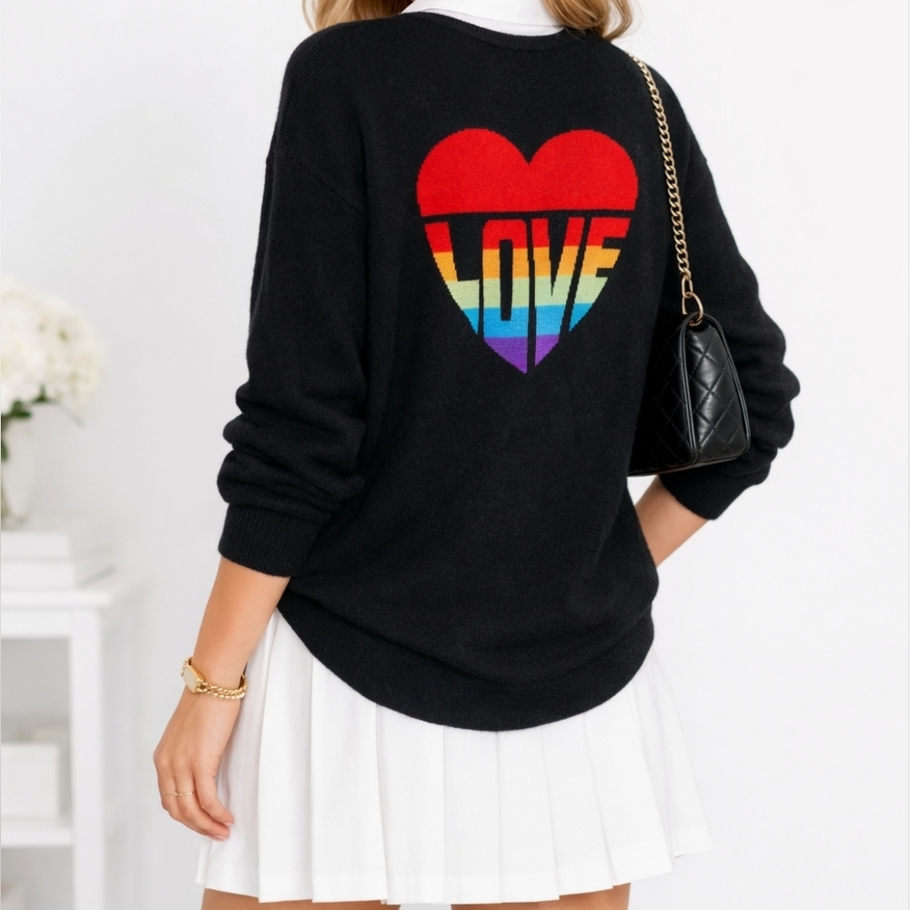 The Cashmere Project 100% Cashmere Rainbow Heart LOVE Sweater Black Medium